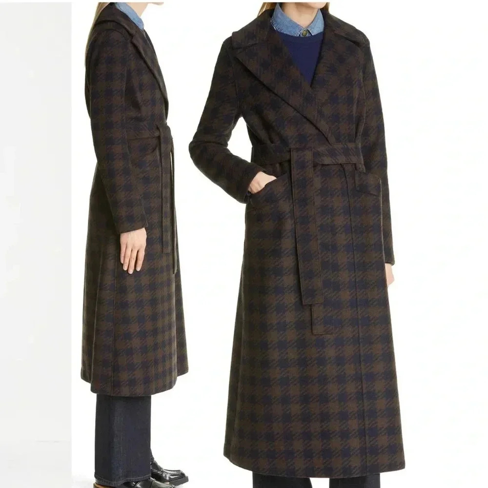 HARRIS WHARF LONDON EUC Gingham Belted Wool Maxi Coat Chocolate Brown Blue 10 44 - Picture 6 of 16